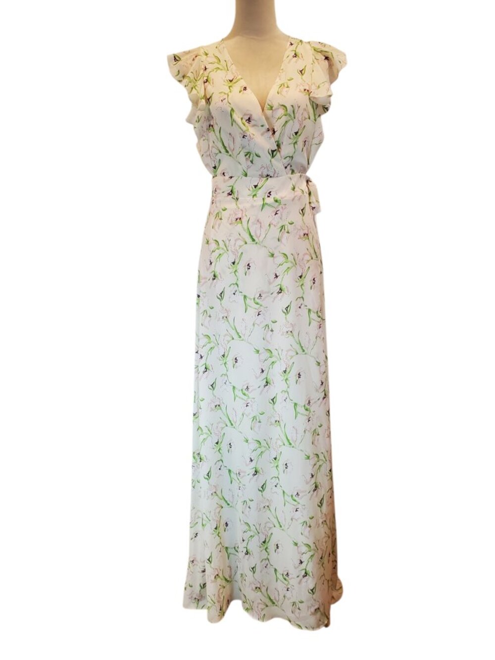 NEW BooHoo SZ 10 Floral Ruffle Cap Sleeve Wrap V-Neck Maxi Dress in Cream